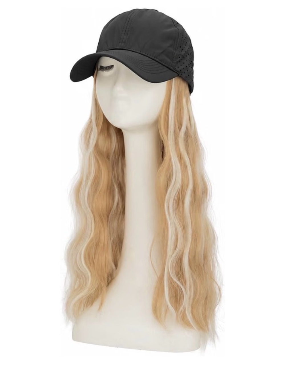 Black Baseball Cap with Long Blonde Wavy Hair Extension